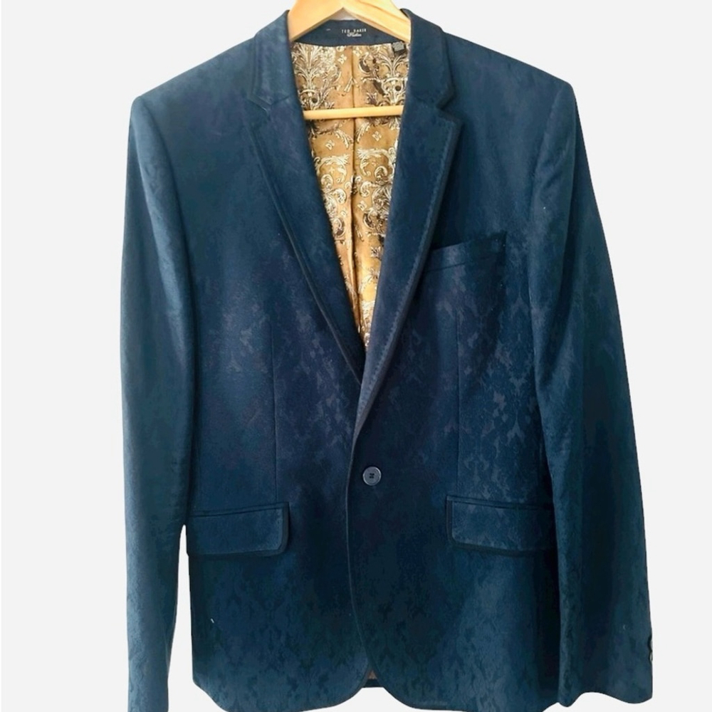 TED BAKER SMOKING JACKET BLAZER DARK NAVY PATTERNED PAISELEY LINING SZ 38R